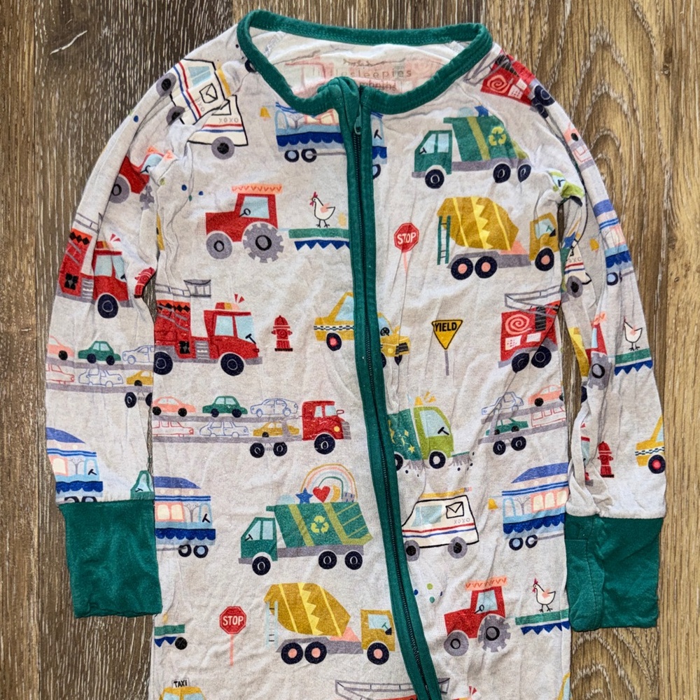 Kids Little Sleepies Zippy with Transportation Vehicles Print and Green 12-18 M